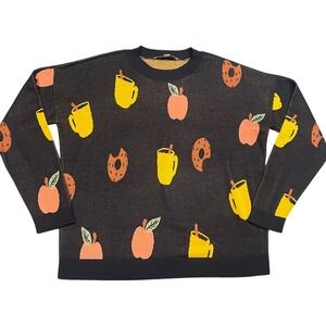 LOFT Intarsia Womens Medium Fall Knit Sweater Black Apple Donut Cider Mug 570322